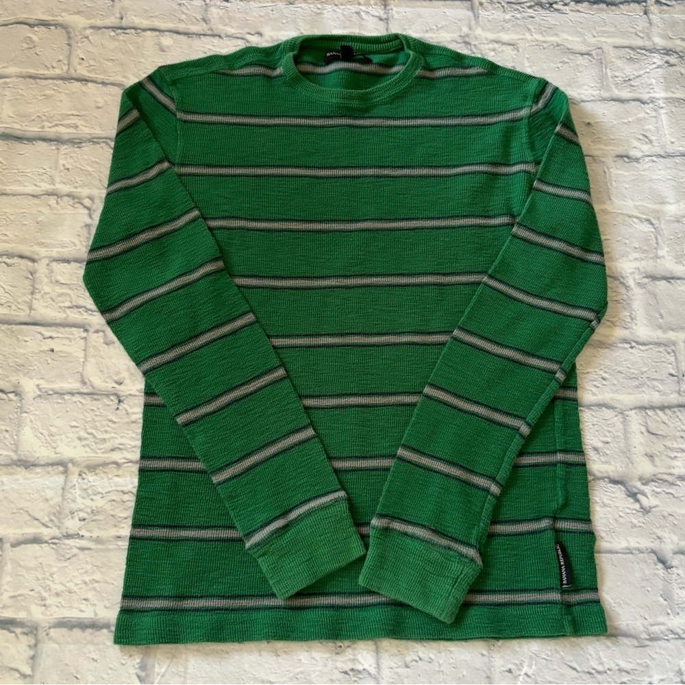 Banana Republic Green Stripe Long Sleeve Shirt Crewneck Waffleknit - Size S